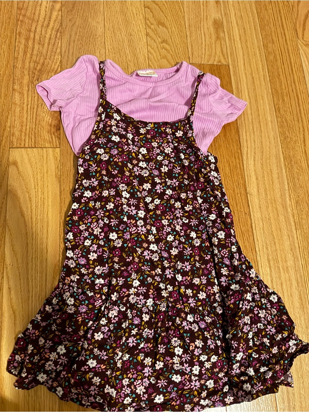 jumping beans Pink Ribbed Tee with Brown Floral Layered Dress